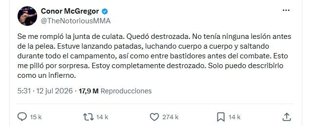 “Destruido” y “en shock”: el fuerte descargo de McGregor tras la inesperada derrota en 69 segundos y la polémica por su lesión en UFC