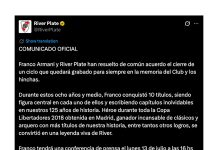 River Plate confirmó la salida de Franco Armani y lo despidió con un emotivo video