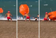 A lo Dibu: la increíble atajada de un bañero a una sombrilla que evitó una tragedia