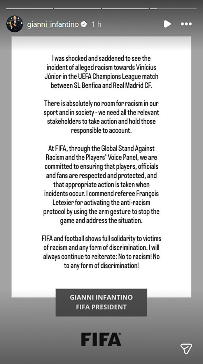 El mensaje del presidente de la FIFA tras la acusación de racismo que Vinicius Jr