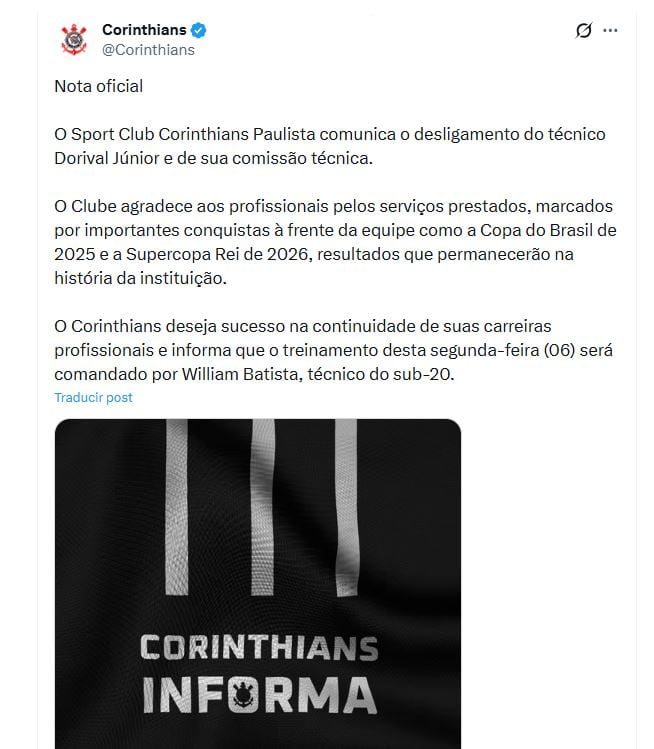 Corinthians, al borde del abismo: despidió al técnico Dorival Júnior tras caer con el Inter y quedar a dos puntos del descenso