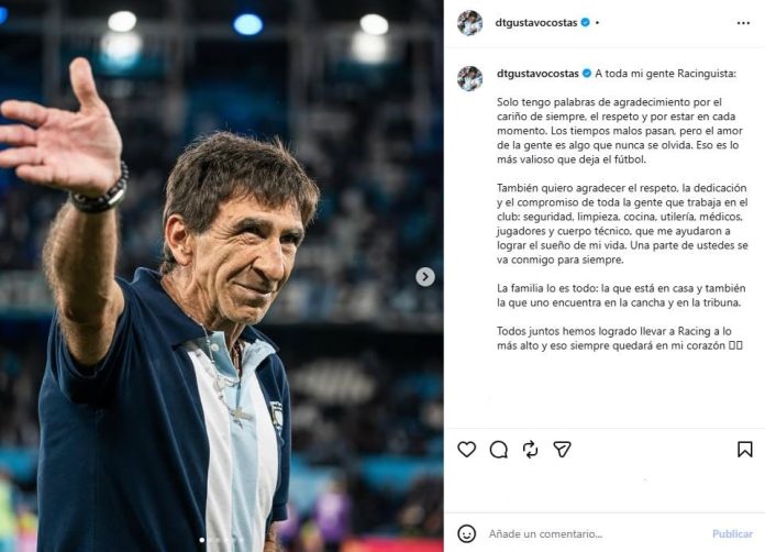 El posteo de Gustavo Costas tras su conflictiva salida de Racing: del mensaje para los hinchas a una llamativa omisión