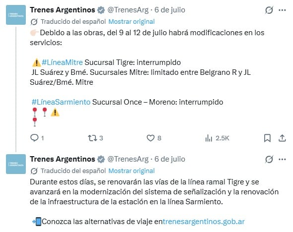 Dos líneas de ferrocarriles interrumpieron sus servicios durante el fin de semana largo: cuáles son y qué tramos se ven afectados